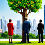 Diversified Investment Growth**

A diverse group of people looking at a vibrant, growing tree with leaves representing different companies and ESG factors (earth, social responsibility, good governance) as if it is a garden, with index fund symbols subtly integrated into the tree trunk. In the background, a modern cityscape fades into a bright, hopeful sky. Fully clothed, appropriate attire, safe for work, perfect anatomy, natural proportions, professional illustration, family-friendly.

**