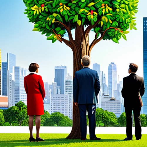 Home 11 Diversified Investment Growth**
A diverse group of people looking at a vibrant, growing tree with leaves representing different companies and ESG factors (earth, social responsibility, good governance) as if it is a garden, with index fund symbols subtly integrated into the tree trunk. In the background, a modern cityscape fades into a bright, hopeful sky. Fully clothed, appropriate attire, safe for work, perfect anatomy, natural proportions, professional illustration, family-friendly.
**